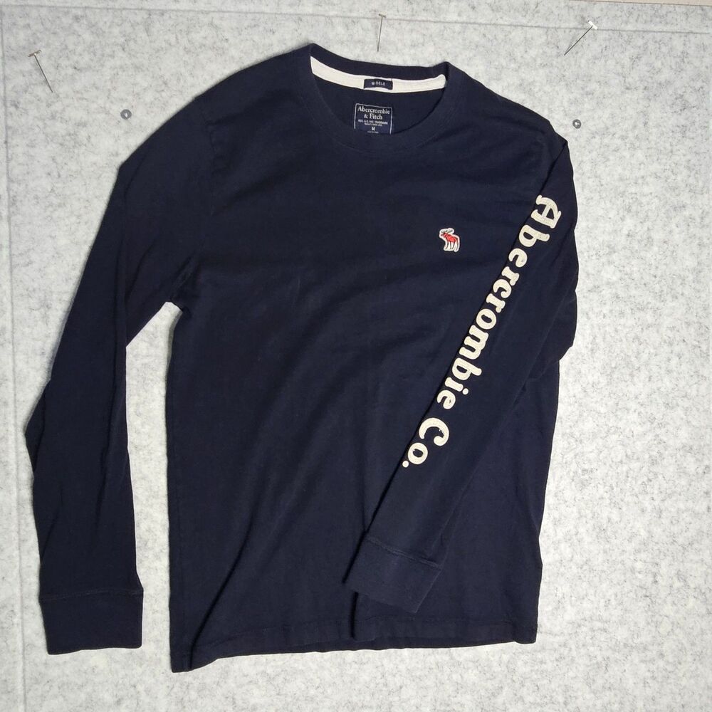VTG Y2K Abercrombie & Fitch Shirt Mens M Muscle Fit Navy Blue Sleeve Logo Preppy